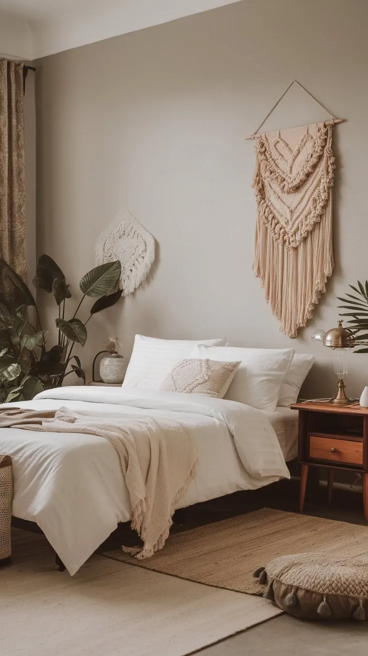 A minimalist white bed, wooden accents, and a boho wall hanging create a serene modern bohemian bedroom sanctuary.