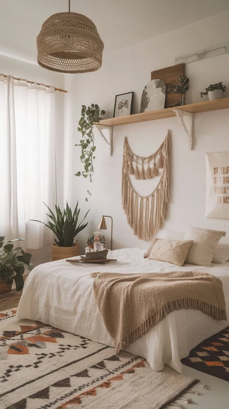 A minimalist white bedroom blends vintage boho accents, eclectic decor, and pops of greenery for a modern, calming space