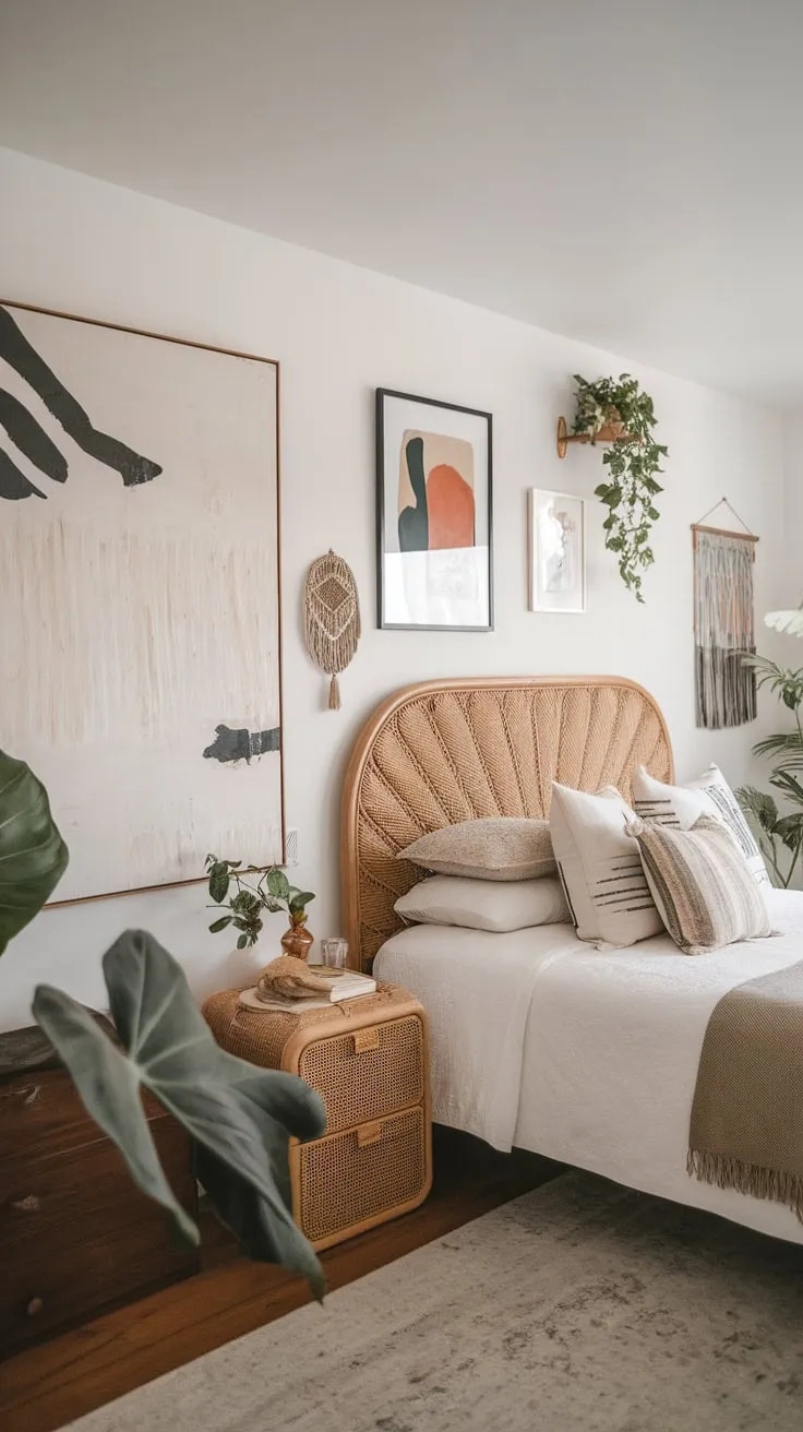 A minimalist white bedroom blends modern design with a vintage woven headboard and eclectic art for a tranquil boho vibe