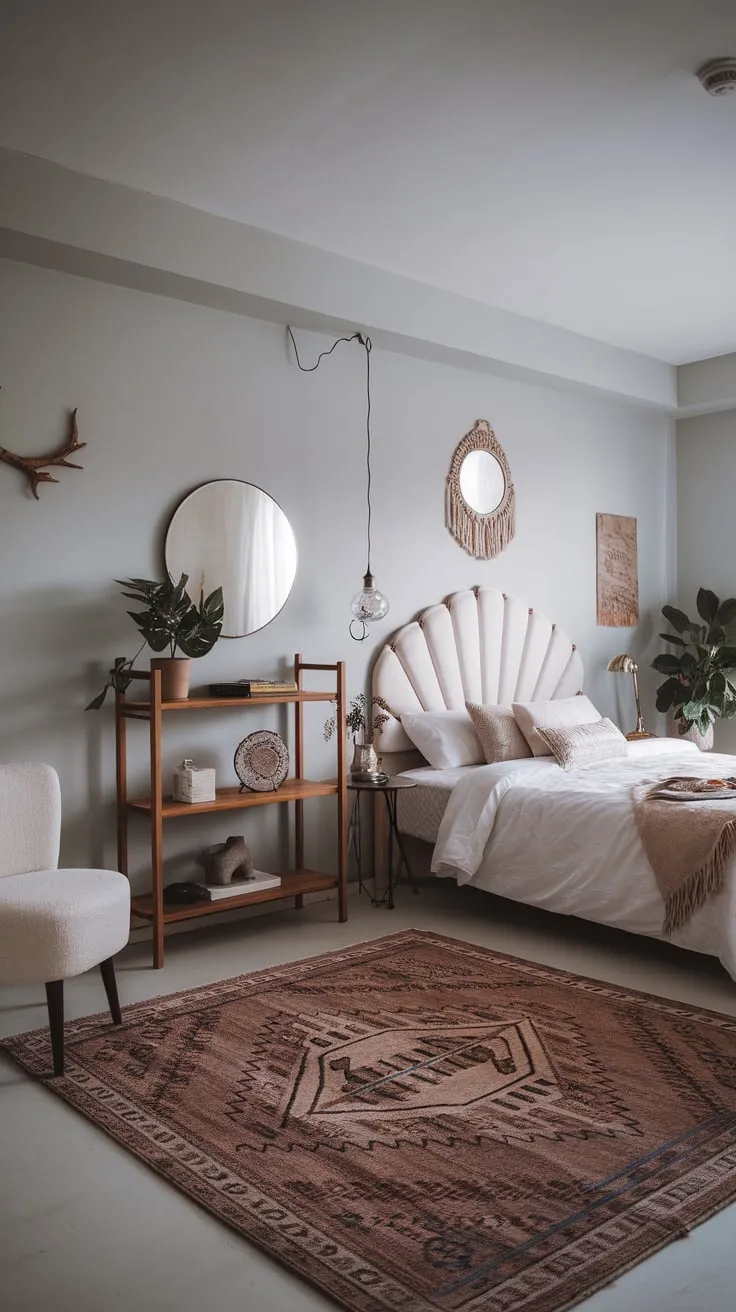 Soft lighting and a patterned rug enhance the calming atmosphere of this light gray-walled modern boho haven.