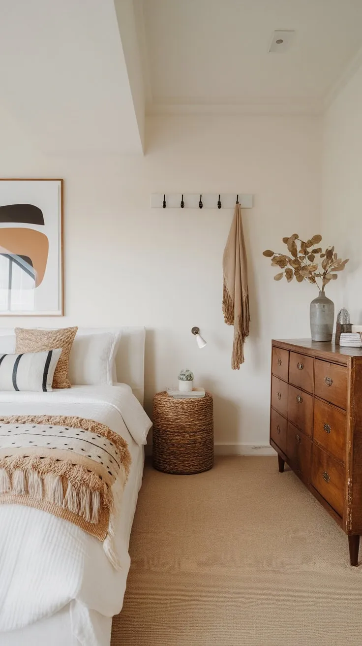 A minimalist white bed, woven textures, and vintage wood accents create a serene modern boho bedroom retreat