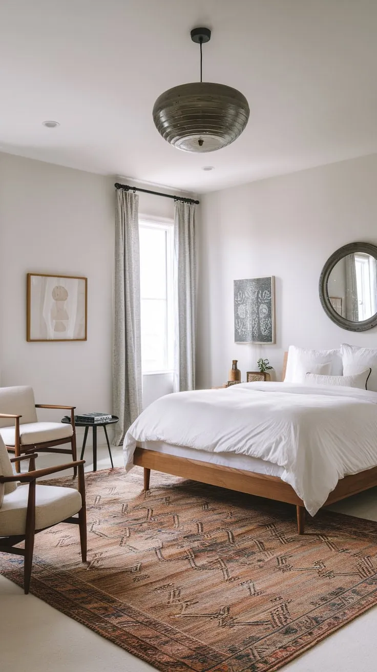 Bohemian style meets modern minimalism in a serene bedroom featuring a wooden bed, round mirror, and artistic touches.