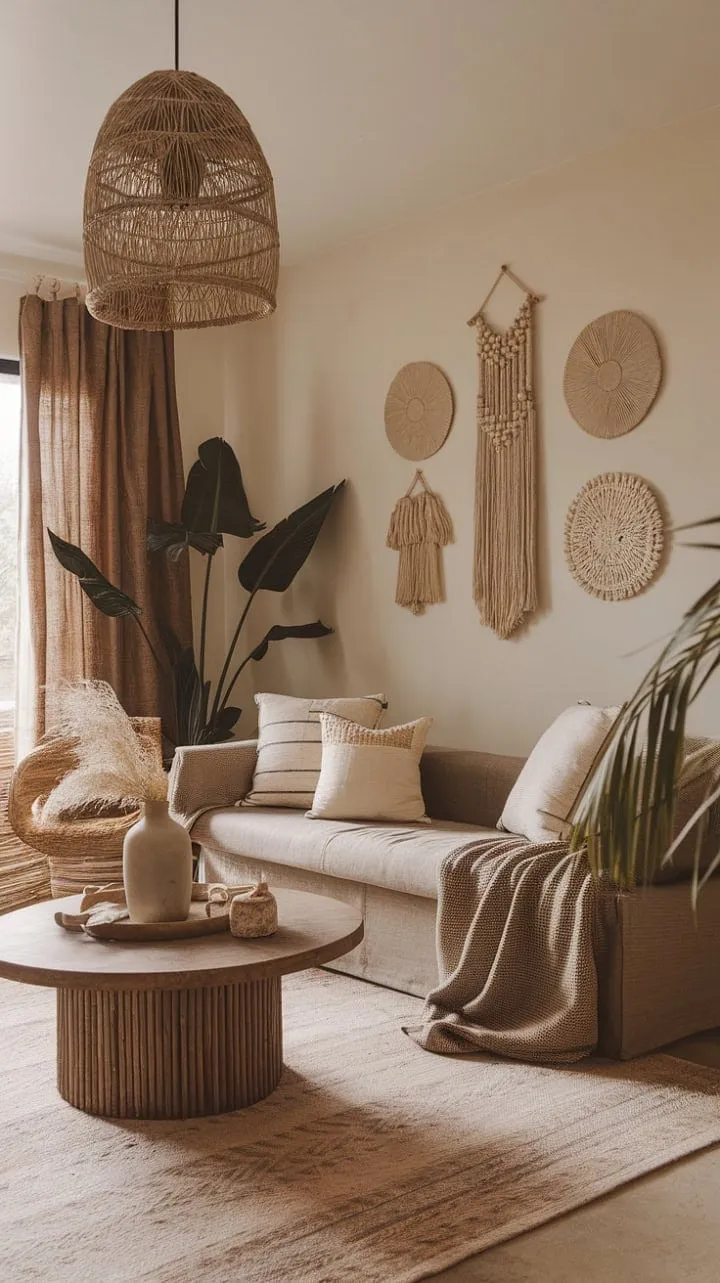 Discover a serene modern bohemian retreat where earthy tones and eclectic textures harmonize with nature's beauty for a tranquil living experience.
