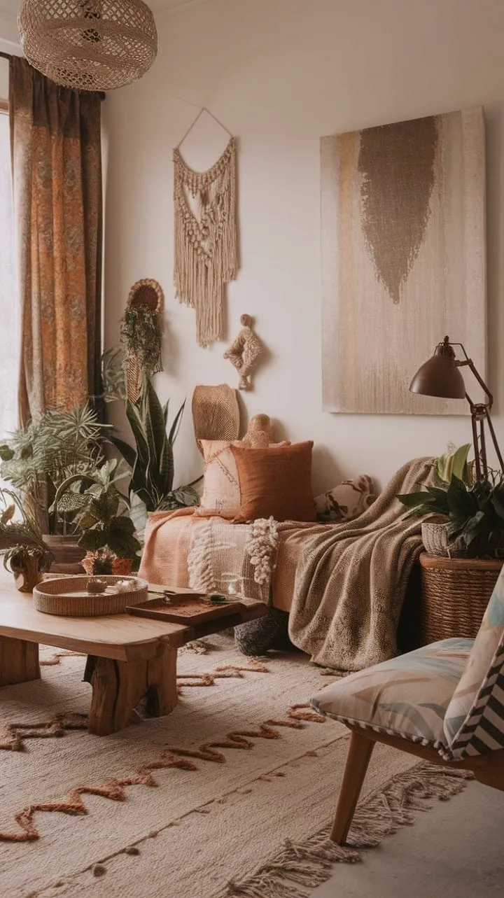 This bohemian sanctuary harmoniously fuses nature-inspired decor with modern comfort, crafting a unique and inviting retreat for tranquil escapes.