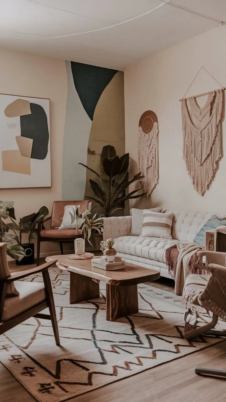 This modern boho living room harmoniously combines earthy tones and eclectic decor to create a sophisticated sanctuary for relaxation and connection.