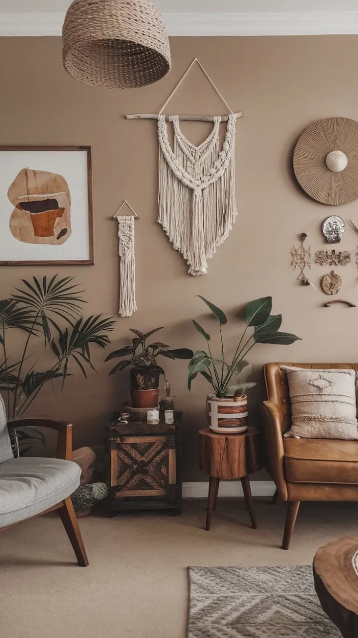 Discover a serene bohemian sanctuary where earthy tones and modern comfort intertwine, creating a beautifully styled retreat for the soul.