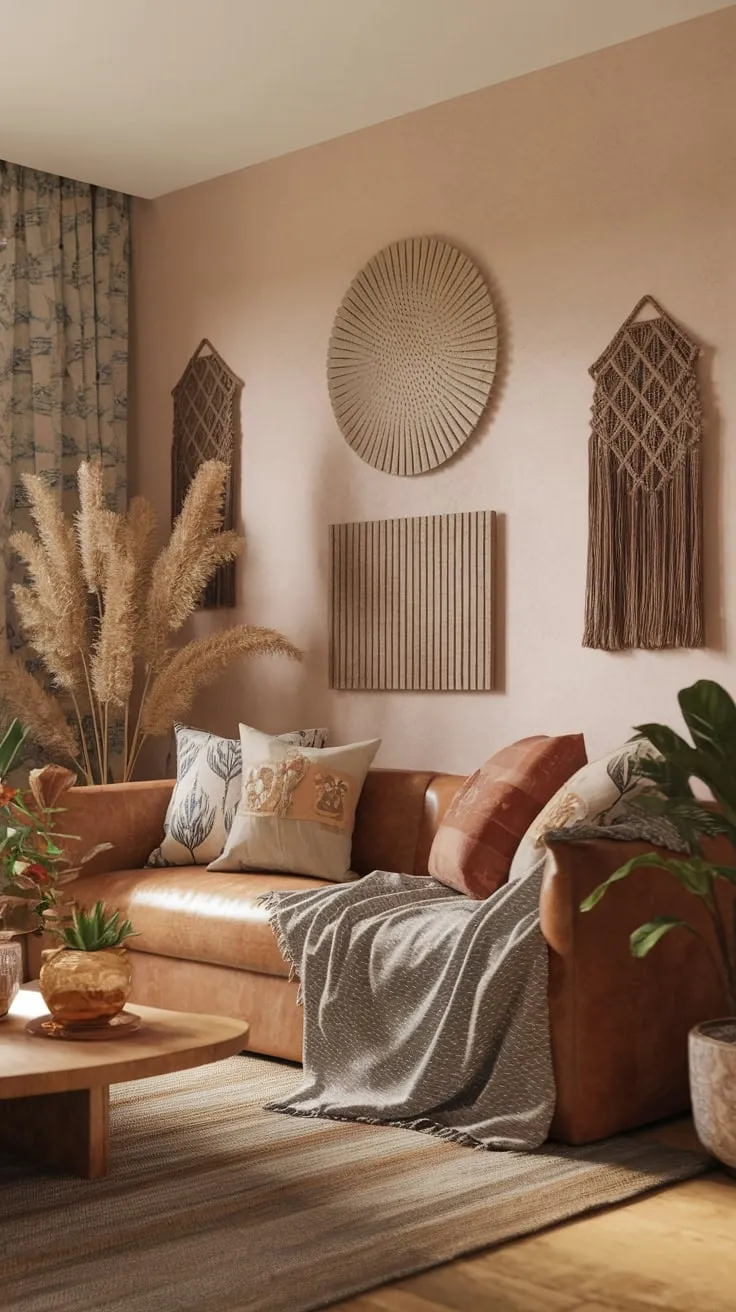 Earthy tones, plush seating, and artistic wall decor create a relaxed contemporary boho living room sanctuary.
