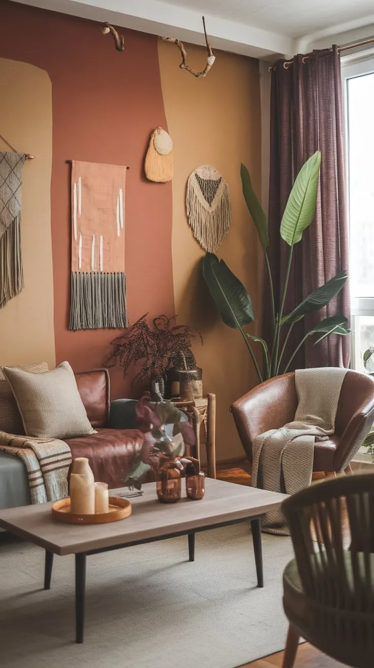 A contemporary living space blends bohemian decor with artistic flair for a relaxed and inviting feel.