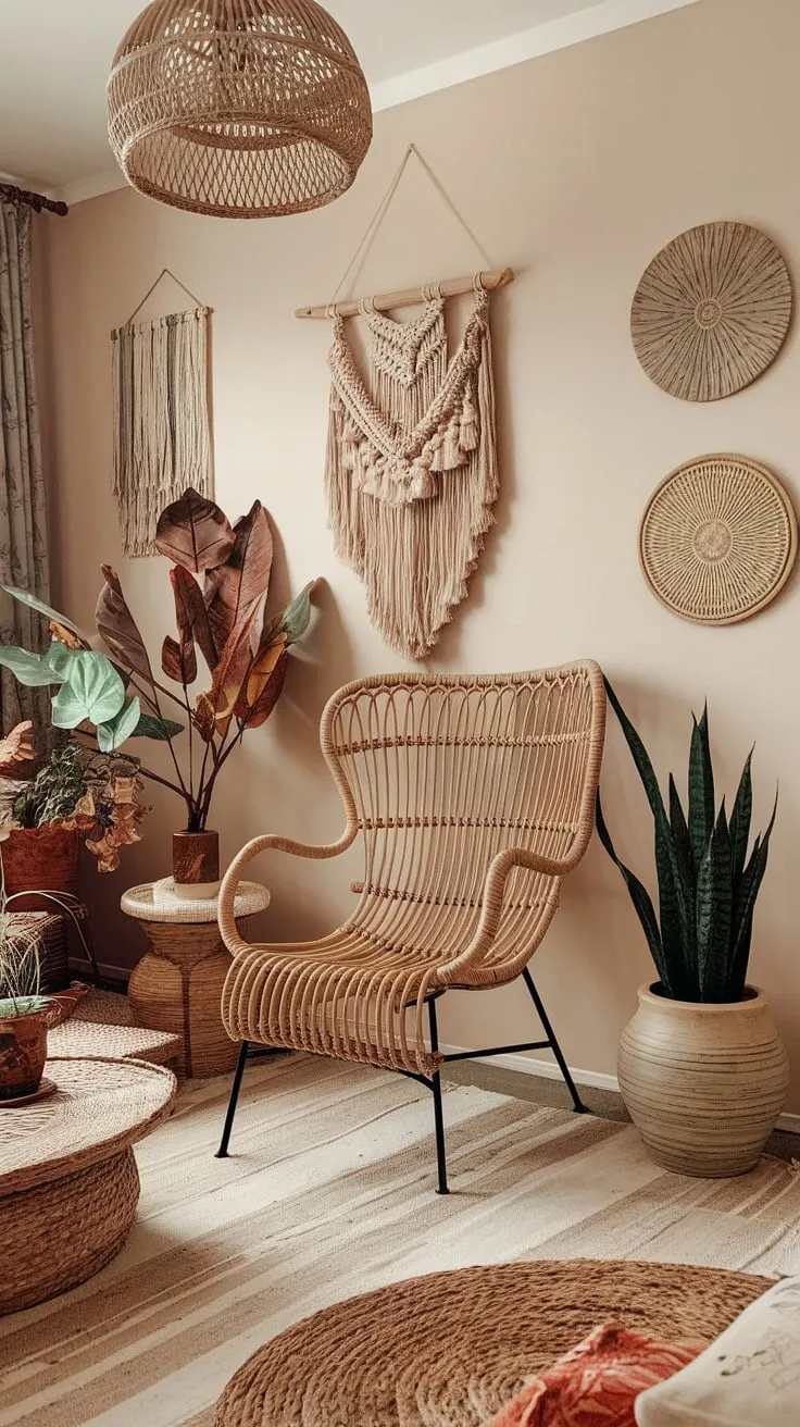 Earthy tones, eclectic textures, and nature-inspired accents create a relaxed modern boho living room haven