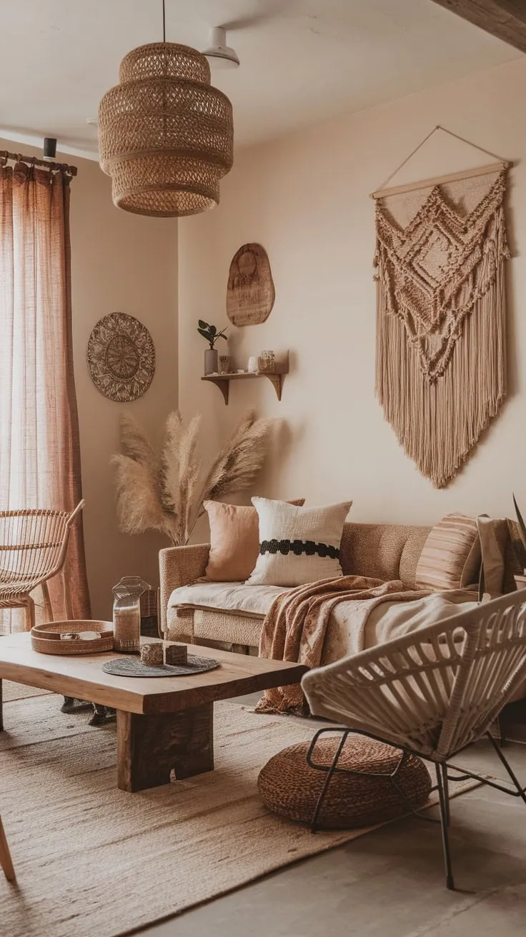 A plush sofa, wooden coffee table, and rattan chair define the relaxed vibe of this artistic, nature-inspired modern boho living room.