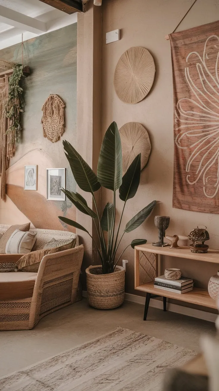 Earthy tones, woven textures, and eclectic art create a relaxed yet stylish modern boho living room.