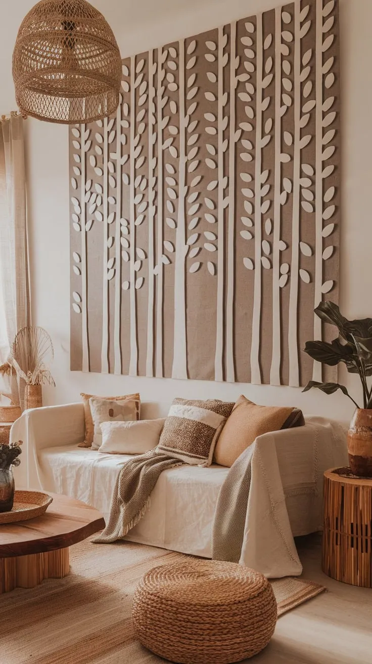 A modern boho living room showcases artistic wall decor and an earthy palette for a tranquil atmosphere.