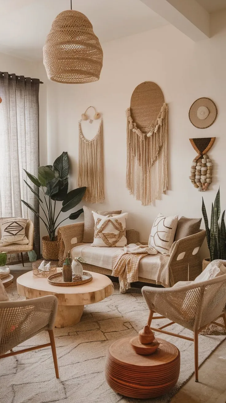 Earthy tones, woven textures, and artistic accents create a relaxed and inviting modern boho living room.