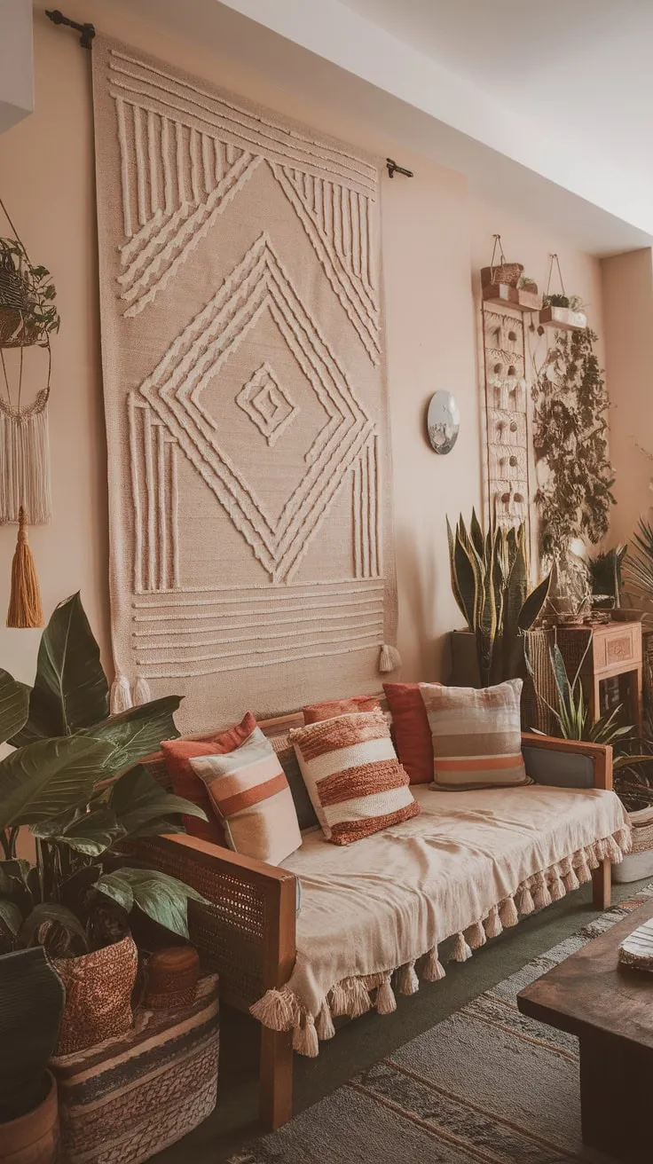 Earthy tones, geometric art, and pops of color create a relaxed, eclectic modern boho living room.