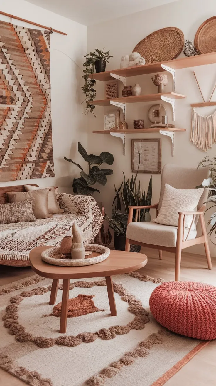 Earthy tones, eclectic décor, and a patterned tapestry create a relaxed yet stylish modern boho living room.
