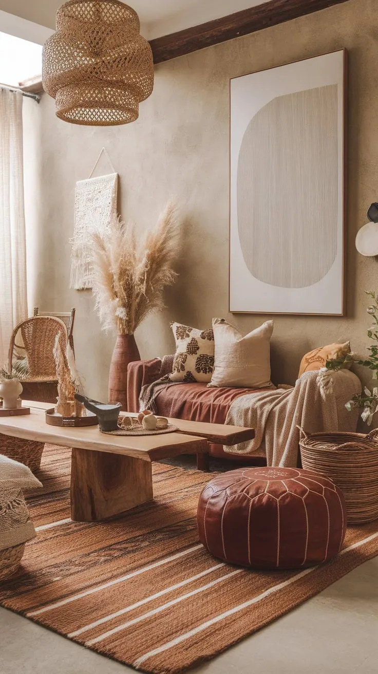 Earthy tones, eclectic furniture, and artistic accents create a relaxed modern boho living room haven.