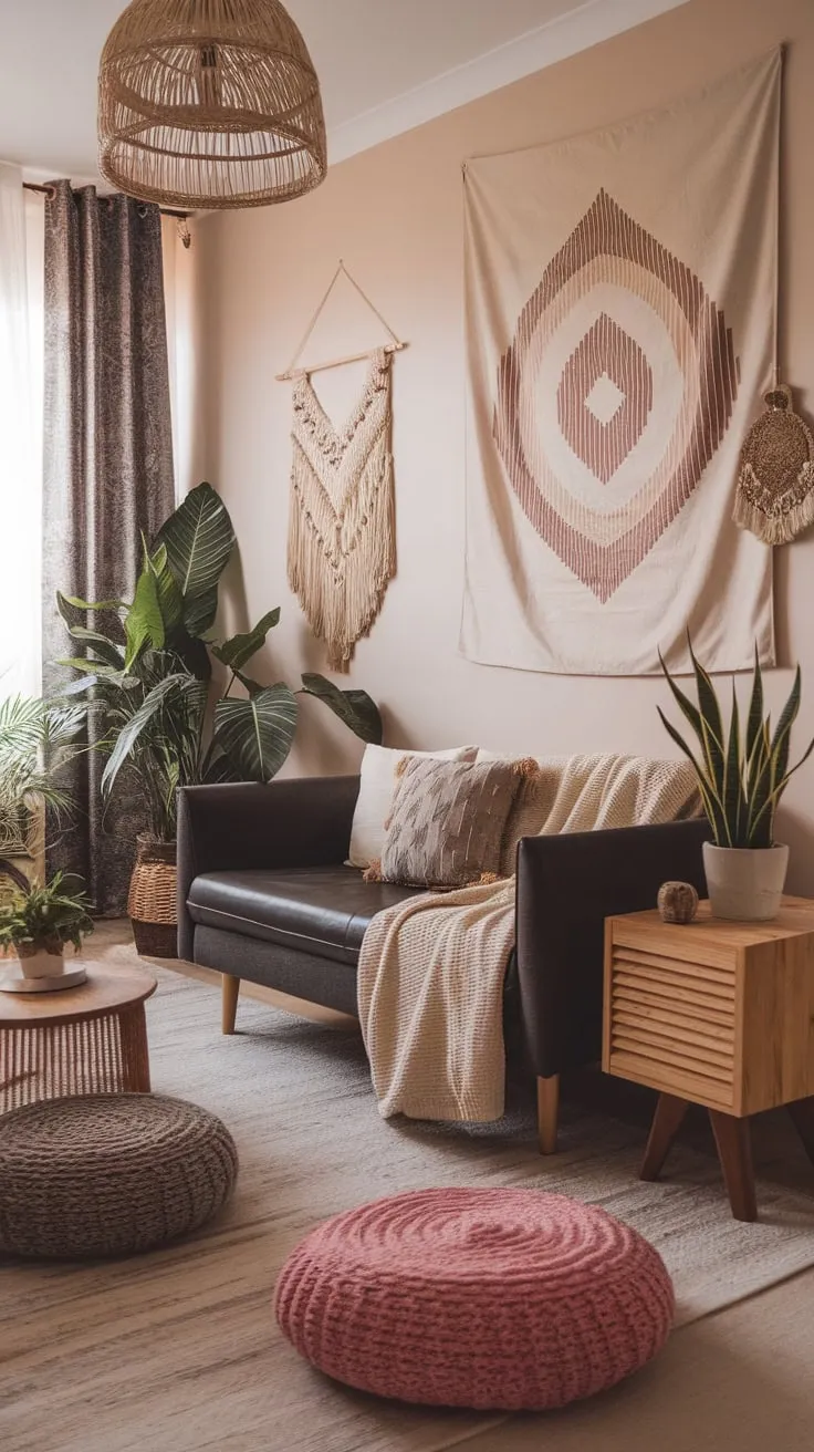 Warm lighting, earthy tones, and eclectic textures create a serene modern boho living room sanctuary