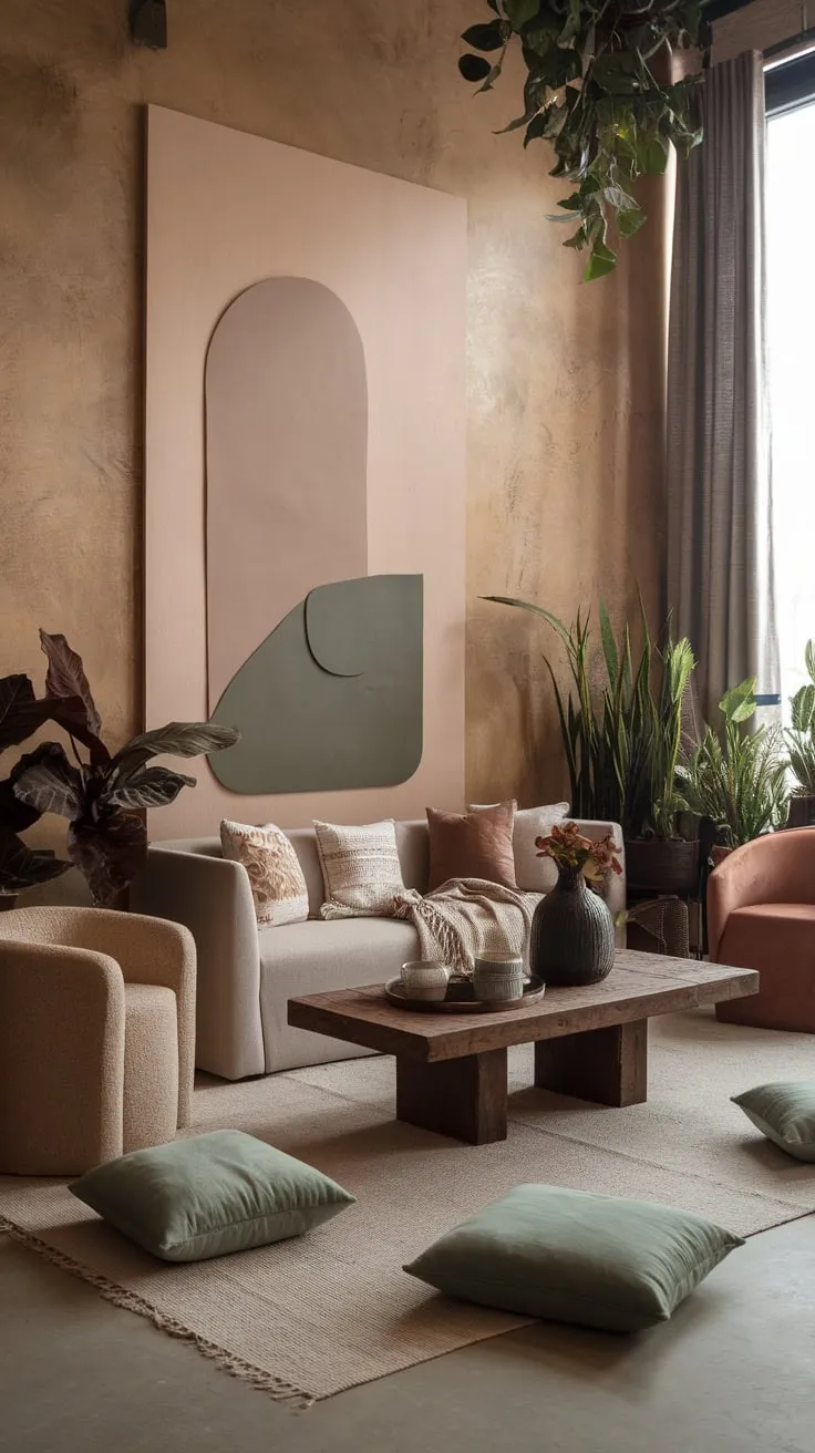 Earthy tones, plush textures, and minimalist art create a relaxed modern boho living room sanctuary.