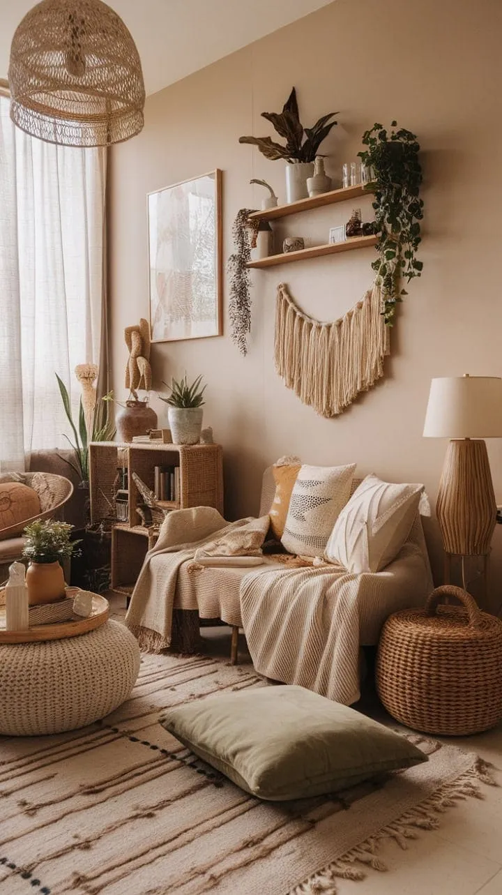 Experience serene individuality in a modern bohemian living room where natural materials and curated art harmoniously celebrate the beauty of imperfection.