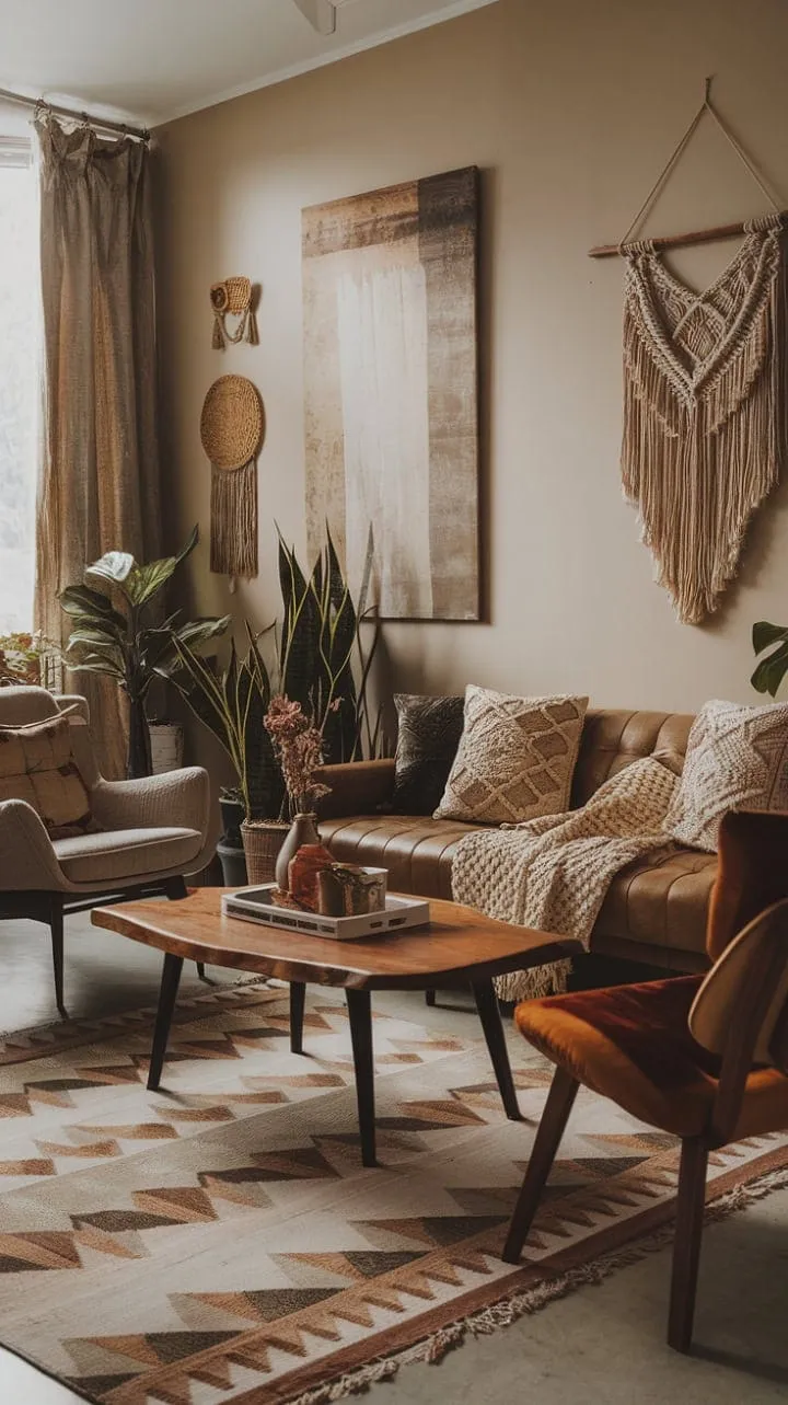 This living room beautifully embodies intentional living, blending earthy tones and organic elements to create a vibrant yet tranquil sanctuary that reflects its inhabitant's personality.