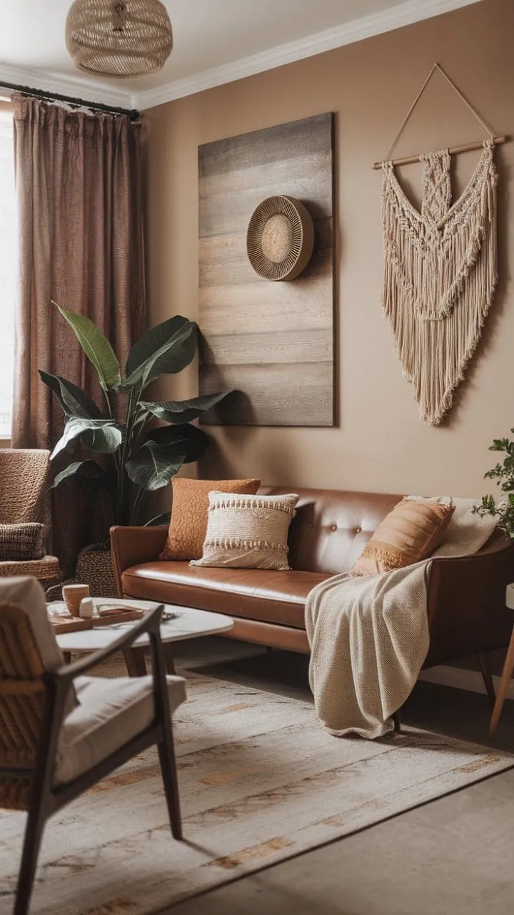 This living room beautifully blends modern and bohemian elements, featuring a warm color palette and eclectic furnishings that exude both style and comfort.