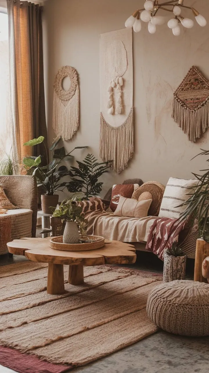 This bohemian living space harmoniously blends nature-inspired elements with modern design, crafting a tranquil haven where every detail exudes comfort and effortless style.