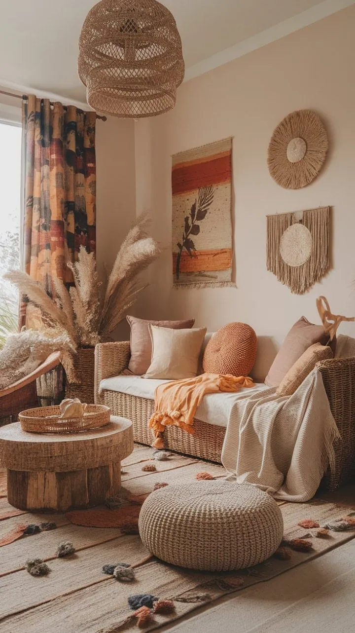 Escape to a bohemian sanctuary where earthy tones and eclectic textures harmonize, inviting you to unwind and reconnect with your inner peace amidst nature's artistry.