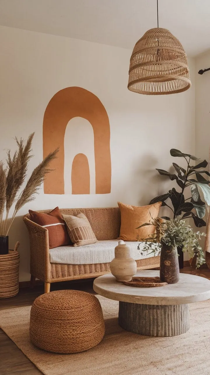 This contemporary boho living room harmoniously fuses nature-inspired textures and earthy tones, creating a stylish sanctuary perfect for relaxation and rejuvenation.
