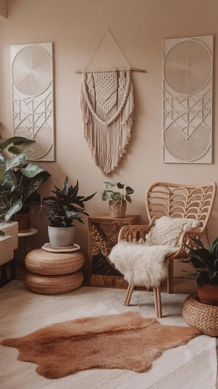 This bohemian sanctuary blends earthy tones and natural textures with modern geometric art, creating a cozy haven that celebrates the beauty of simple living.