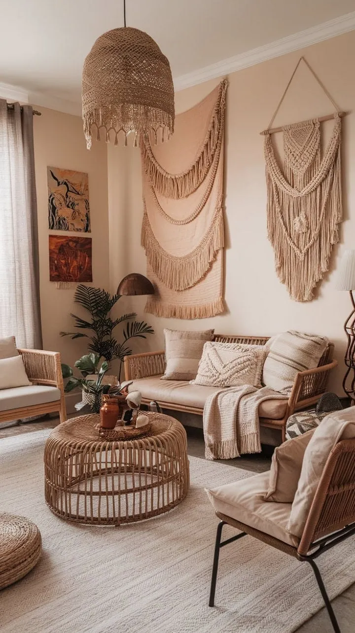 This bohemian sanctuary blends earthy tones and eclectic textures, creating an inviting space that harmonizes nature's beauty with artistic flair.