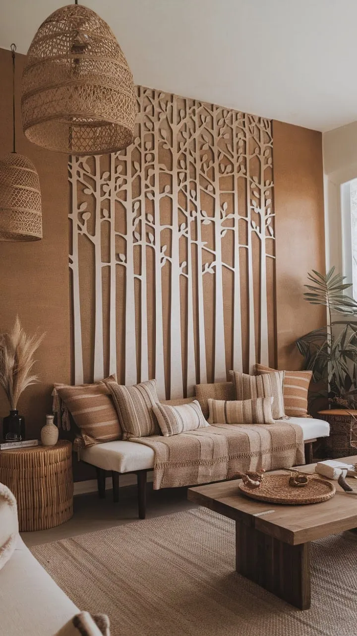 This contemporary boho living room, adorned with earthy tones and a whimsical tree mural, transforms into a serene sanctuary of relaxed sophistication.