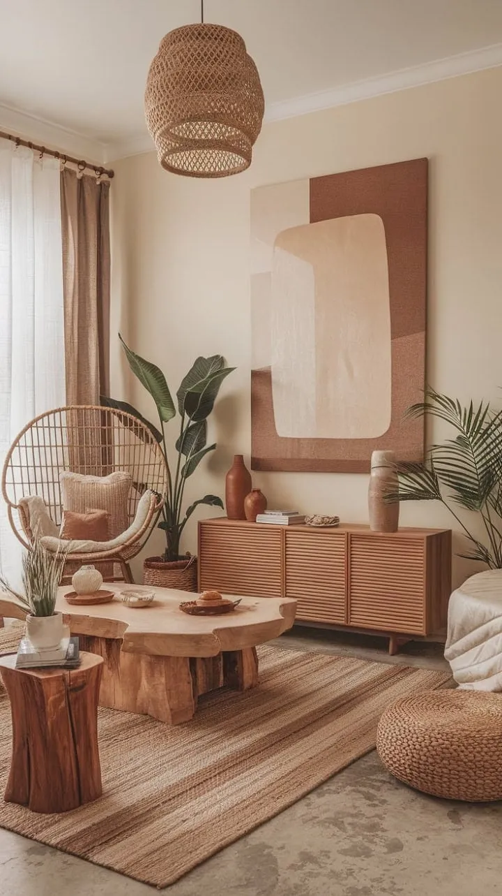 Discover tranquility in this bohemian living room, where natural materials and artistic touches create a serene haven for relaxation and mindful living.