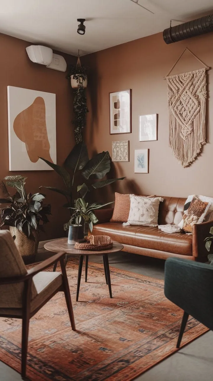 This modern bohemian living room harmoniously fuses sunlit textures, eclectic furnishings, and artistic touches, creating a serene sanctuary that celebrates the art of intentional design.