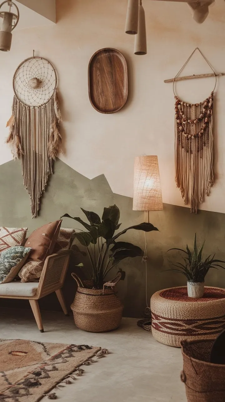 Discover serenity in a modern bohemian living room where natural elements and handcrafted art create an inviting, soulful retreat.