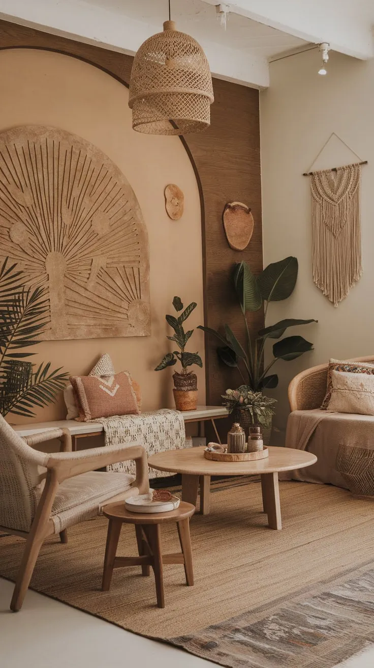 Earthy tones, nature-inspired art, and eclectic furniture create a relaxed modern boho living room haven