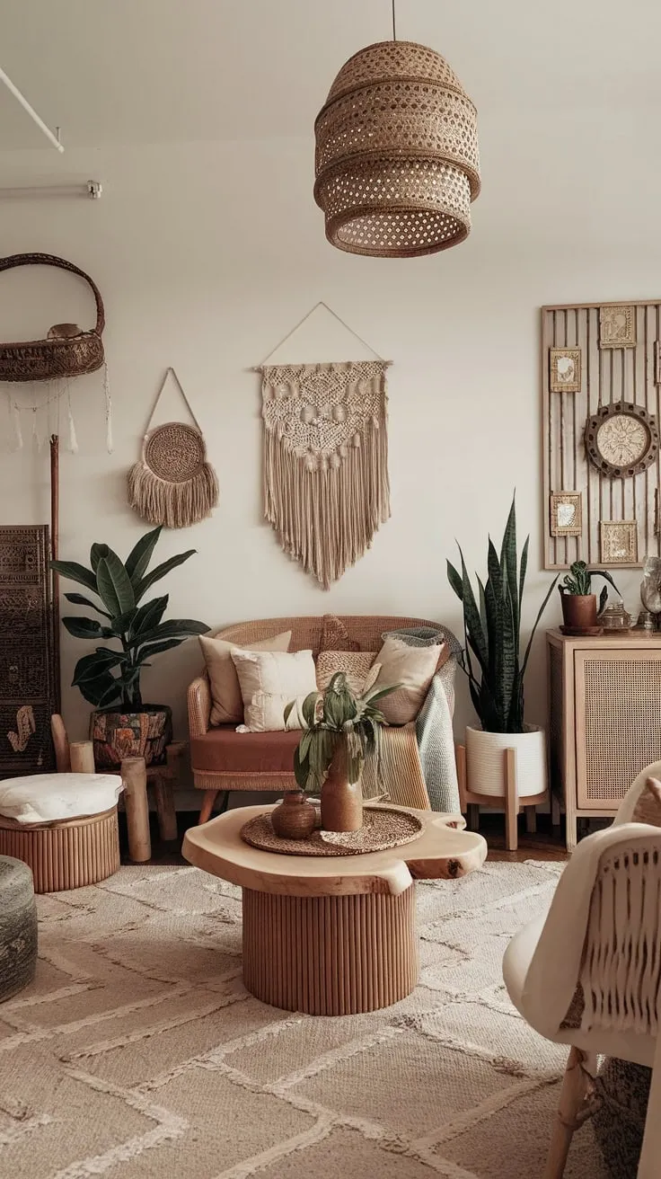 A nature-inspired modern boho living room blends artistic decor with wooden elements and a relaxed vibe.