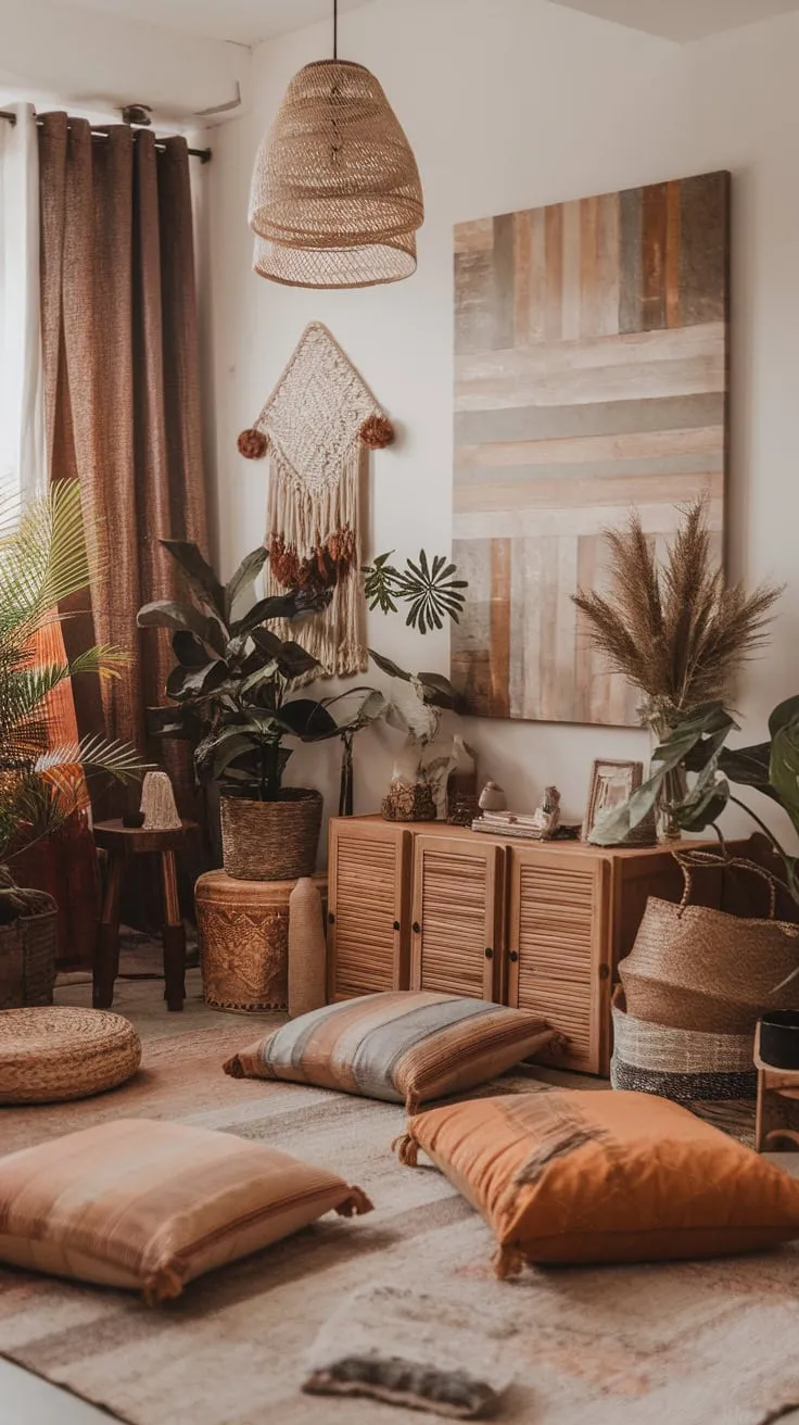 Earthy tones, eclectic vintage finds, and lush greenery create a relaxed, artistic haven in this modern boho living room.