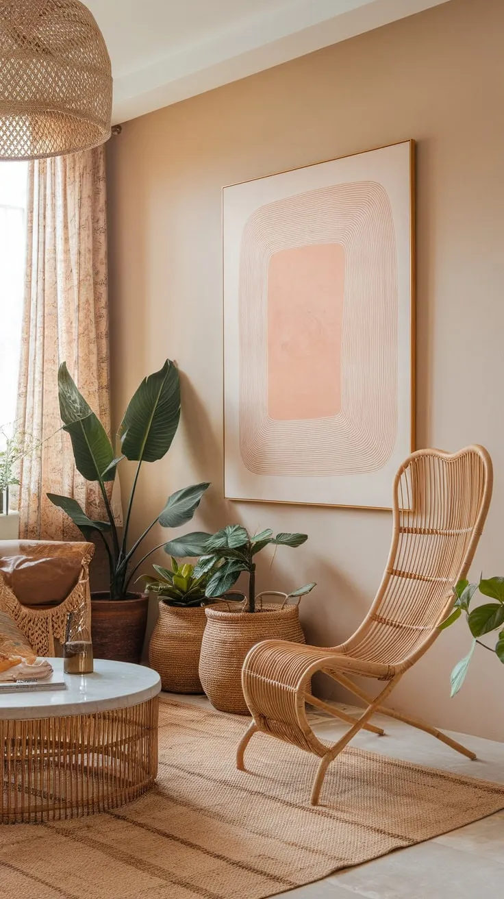 A soft beige backdrop showcases a contemporary bohemian space featuring rattan, plants, and artistic wall decor.