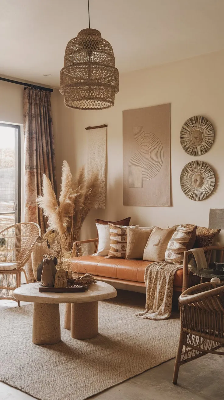 Earthy tones, eclectic furniture, and artistic wall decor create a relaxed contemporary boho living room.