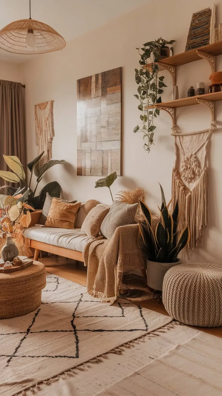 Earthy tones, eclectic décor, and a comfortable sofa create a relaxed yet artistic modern boho living room.