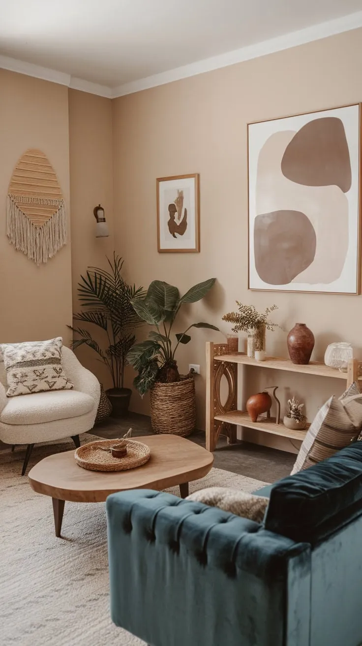 A blend of modern and bohemian styles, nature-inspired decor, and artistic accents define this inviting living space.