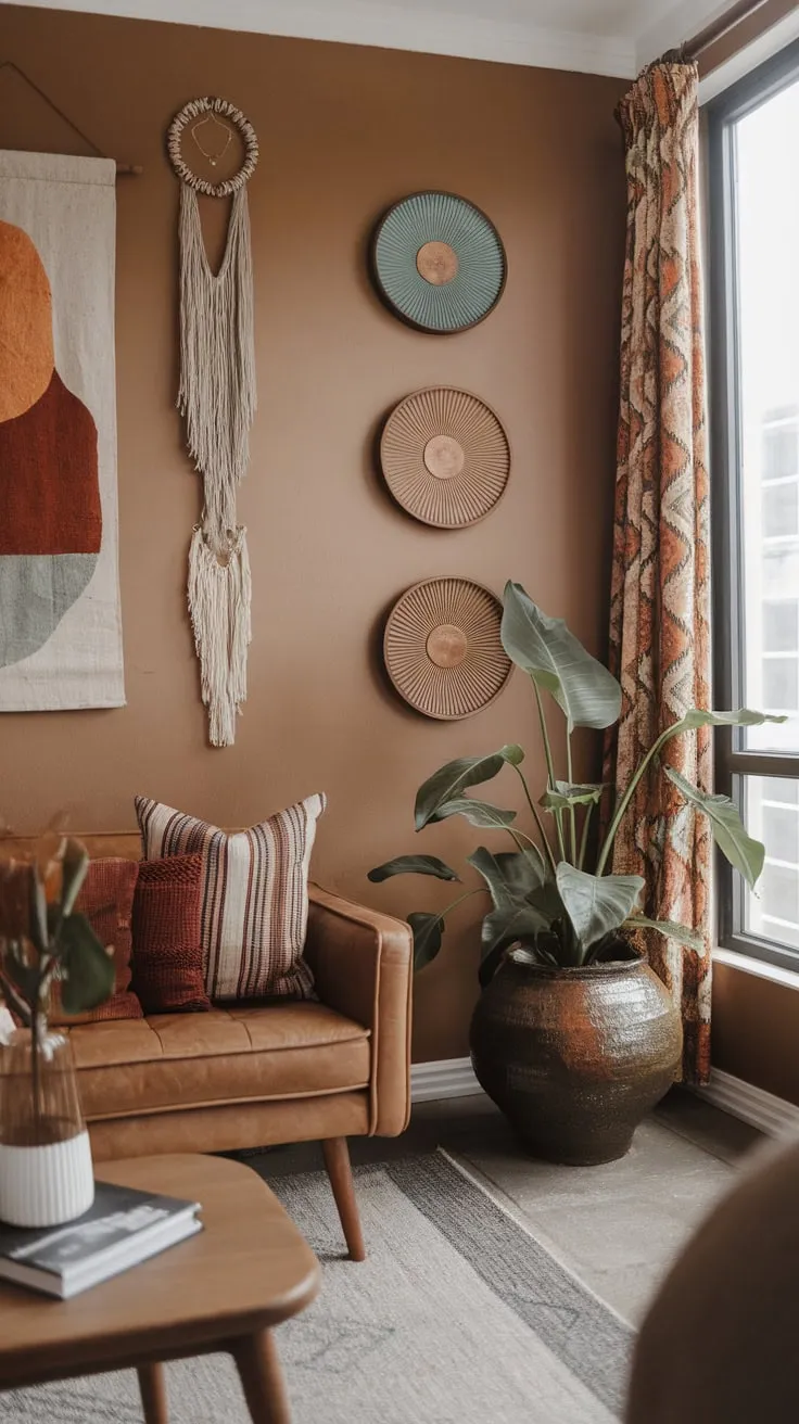 Earthy tones, mid-century modern furniture, and lush greenery create a relaxed and artistic modern boho living room.