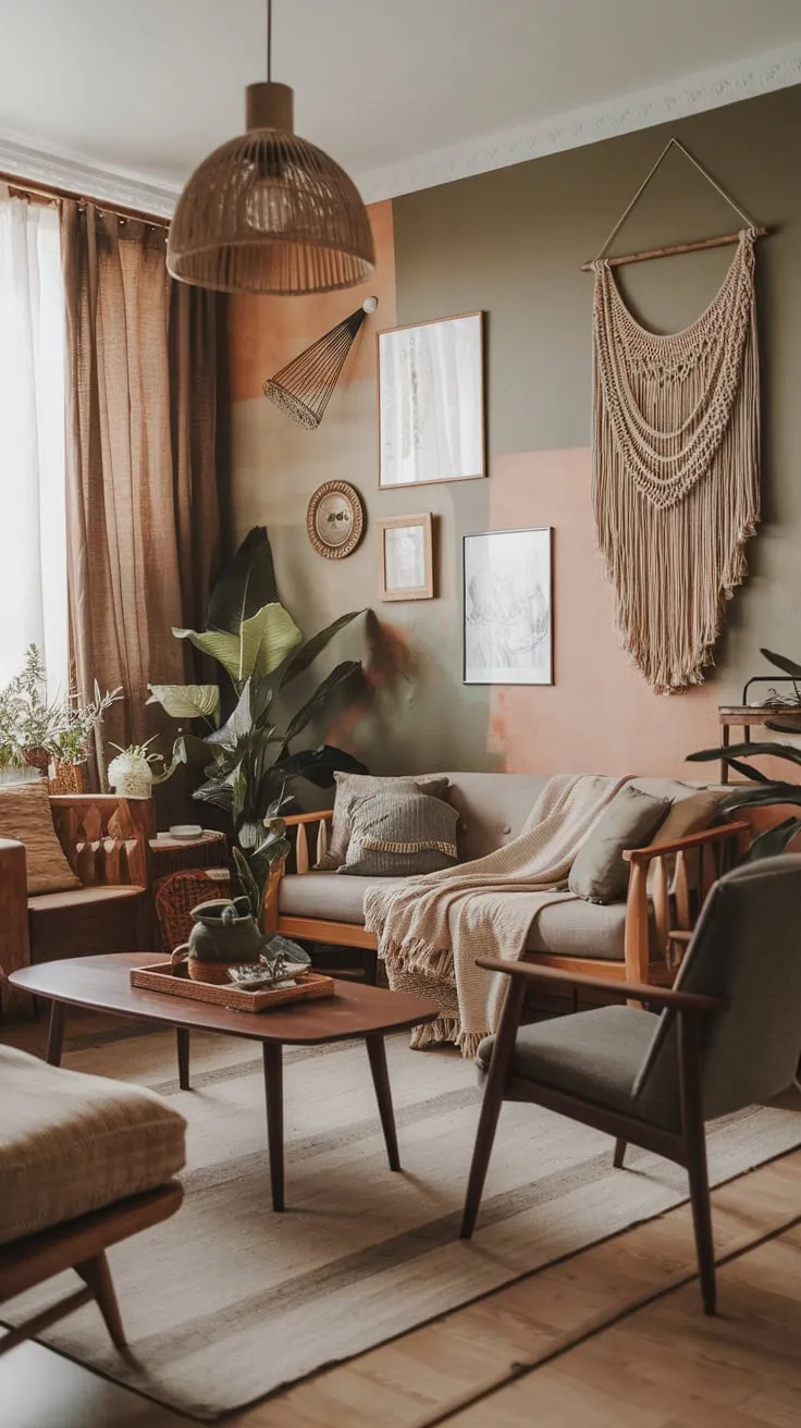 A nature-inspired modern boho living room blends artistic wall decor, wooden elements, and comfy furniture for a tranquil atmosphere.