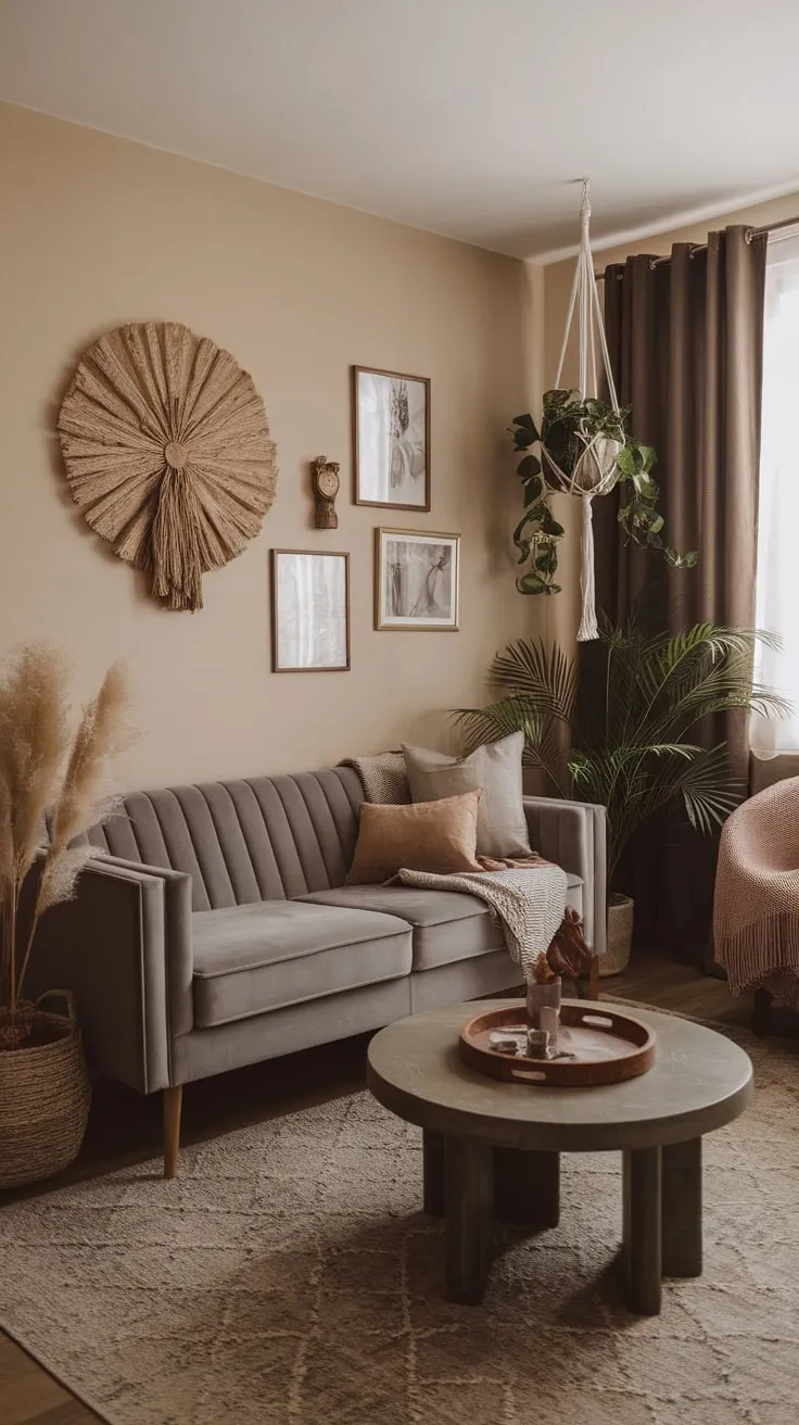 A gray velvet sofa anchors a nature-inspired space, blending contemporary style with bohemian charm.