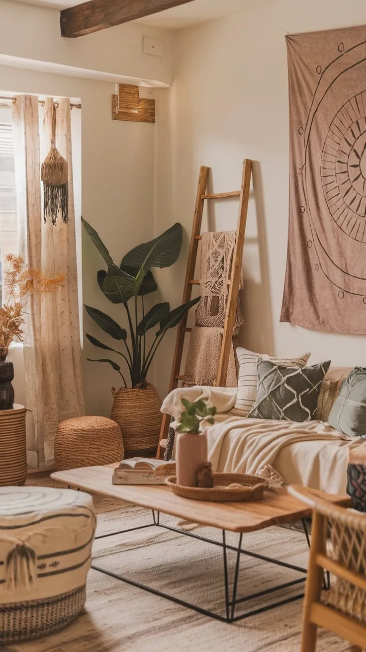 Earthy tones, eclectic furniture, and nature-inspired accents create a relaxed, artistic modern boho living room.