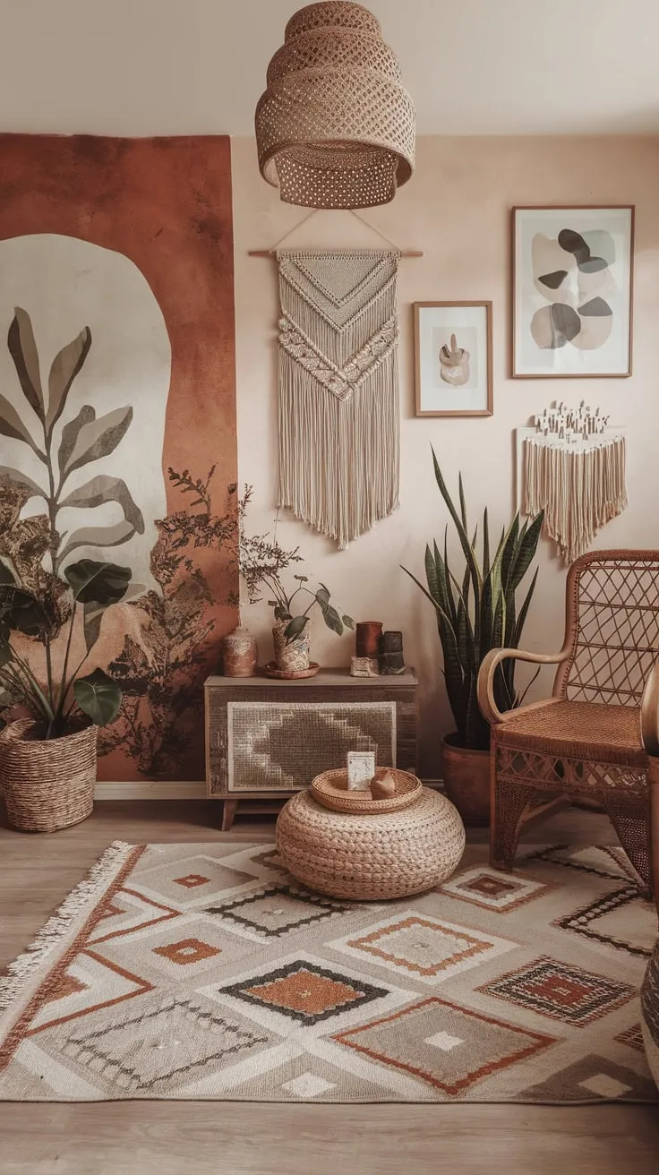 Earthy tones, woven textures, and nature-inspired art create a relaxed modern boho living room sanctuary