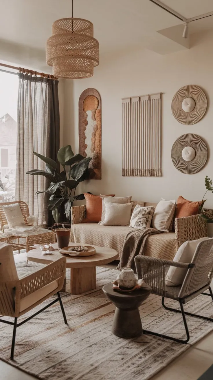 A modern boho living room blends artistic wall decor, comfy seating, and potted plants for a relaxed, nature-inspired vibe.
