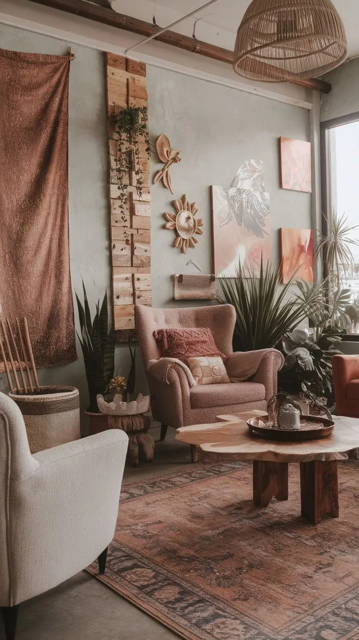 A vintage rug, artistic wall decor, and plush seating define this nature-inspired modern bohemian haven.