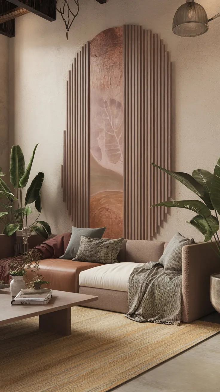 Earthy tones, mixed textures, and nature-inspired art create a relaxed contemporary boho living room.