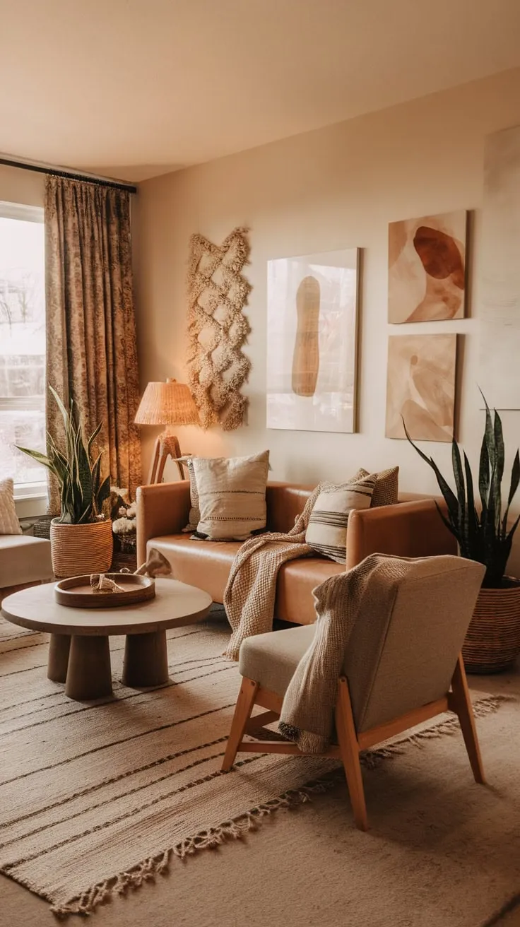 Warm lighting illuminates a nature-inspired modern boho living room featuring earthy tones, artistic decor, and comfortable seating.